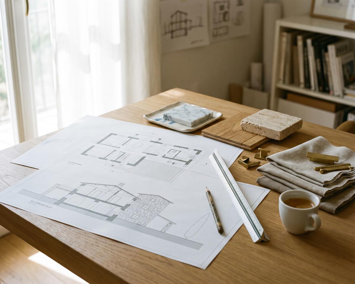 Tavolo di progettazione con pianta e sezione di una villa, campioni di marmo, travertino, rovere e tessuti