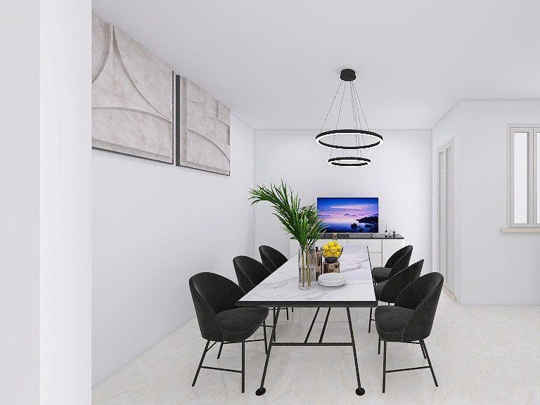 Rendering di progetto: sala da pranzo con tavolo bianco, sedute nere e quadro alla parete