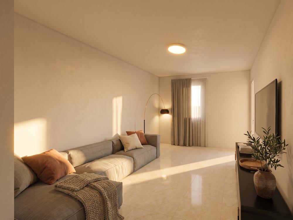 Rendering di progetto: soggiorno con divano angolare grigio e parete TV