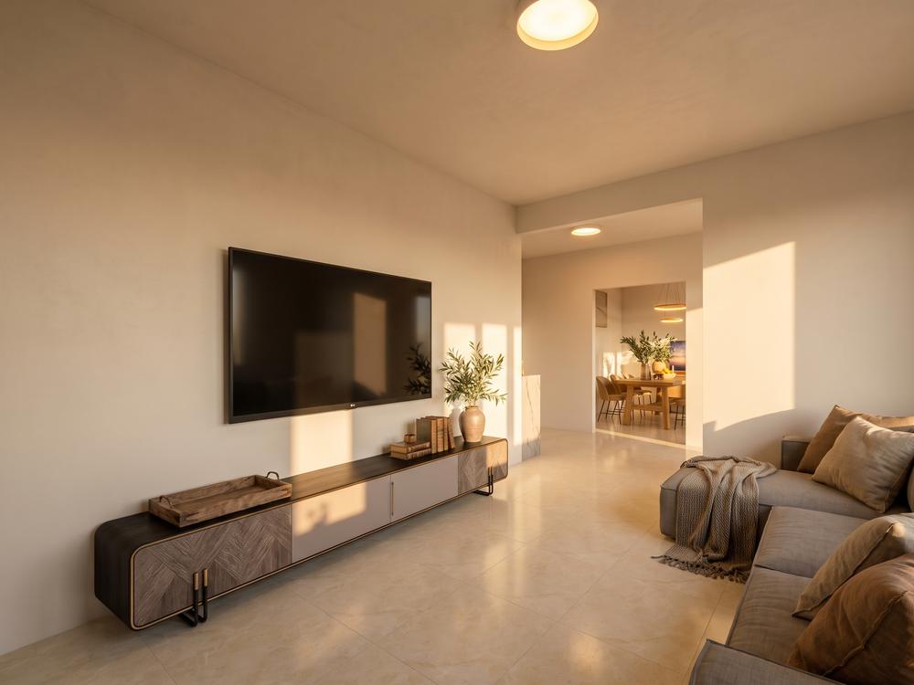 Rendering di progetto: zona living con mobile porta TV sospeso e passaggio verso la cucina